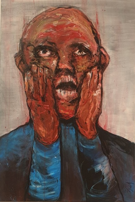 Peinture de Renier Semidey : un homme chauve, les mains plaquées sur les joues et le regard levé, exposé dans « The Working Dead » chez Zaza from Brussels.

Les mains tirent le visage vers le bas, la bouche s'entrouvre, les yeux cherchent une issue vers le haut. Touches épaisses de rouge et de brun, veste bleu électrique, fond gris délavé : la fatigue devient matière. Une figure de l'épuisement au travail, en écho aux dessins sur feuilles de bureau de l'exposition.

« The Working Dead » de Renier Semidey, jusqu'au 15 novembre 2026 chez Zaza from Brussels, rue Blaes 122, 1000 Bruxelles (Marolles). Le mercredi de 11h à 18h, du jeudi au dimanche de 11h à 19h. Entrée libre.

Voir les liens utiles en bas de la description.

🔗 Pour aller plus loin et soutenir l'art local :
L'exposition « The Working Dead » de Renier Semidey : https://dropmuse.art/evenement/the-working-dead-renier-semidey-zazafrombrussels-bruxelles-a9c827
Renier Semidey sur Instagram : https://www.instagram.com/renier_del_mediodia/
La fiche acteur culturel de Zaza from Brussels : https://dropmuse.art/acteur-culturel/zazafrombrussels
Le site de la galerie : https://zazafrombrussels.com/
Suivre la galerie sur Instagram : https://www.instagram.com/zazafrombrussels/
La galerie sur Facebook : https://www.facebook.com/GalerieZazafromBrussels/
Retrouvez toute l'actualité culturelle sur DROPMUSE : https://dropmuse.art/
