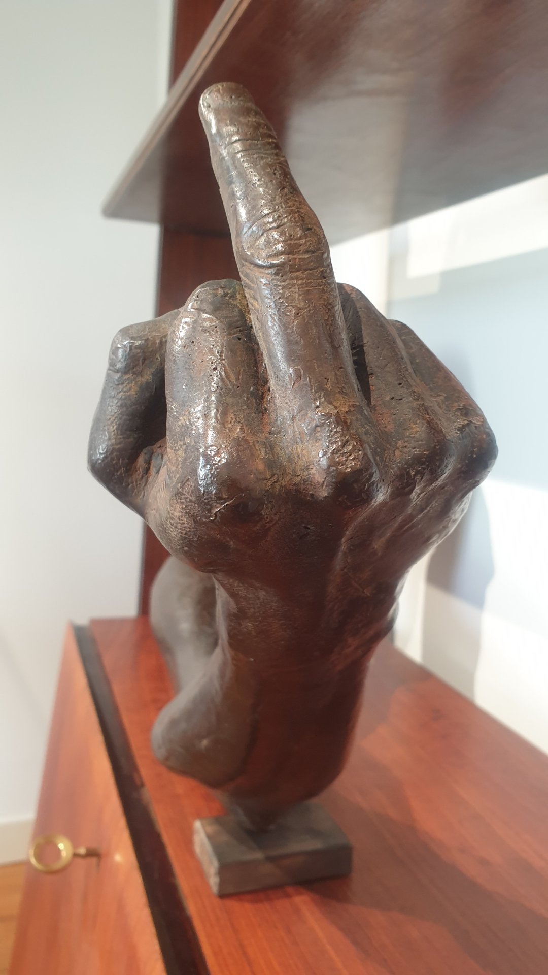 Passage à la troisième dimension pour le célèbre motif contestataire d'Ai Weiwei avec cette sculpture en bronze représentant le poing fermé et le majeur dressé. Prolongement direct de sa série photographique « Study of Perspective », ce bronze condense toute l'ironie et la rébellion pacifique de l'artiste face aux régimes autoritaires et aux institutions dominantes. Lors de leur parcours à la Patrick Derom Gallery, le peintre expressionniste Jérôme Selosse ( https://dropmuse.art/artiste/jerome-selosse-artiste-numerique-dessinateur-bruxelles ) et l'artiste Txema Muñoz ( https://texemamunoz.art et https://dropmuse.art/artiste/txema-munoz ) ont été frappés par la puissance sculpturale de cette charge politique coulée dans un matériau traditionnellement réservé aux monuments héroïques. Retrouvez ce regard critique sur https://www.dropmuse.art

Photographie — Exposition Ai Weiwei - 'The Art of Defiance' - Patrick Derom Gallery Bruxelles