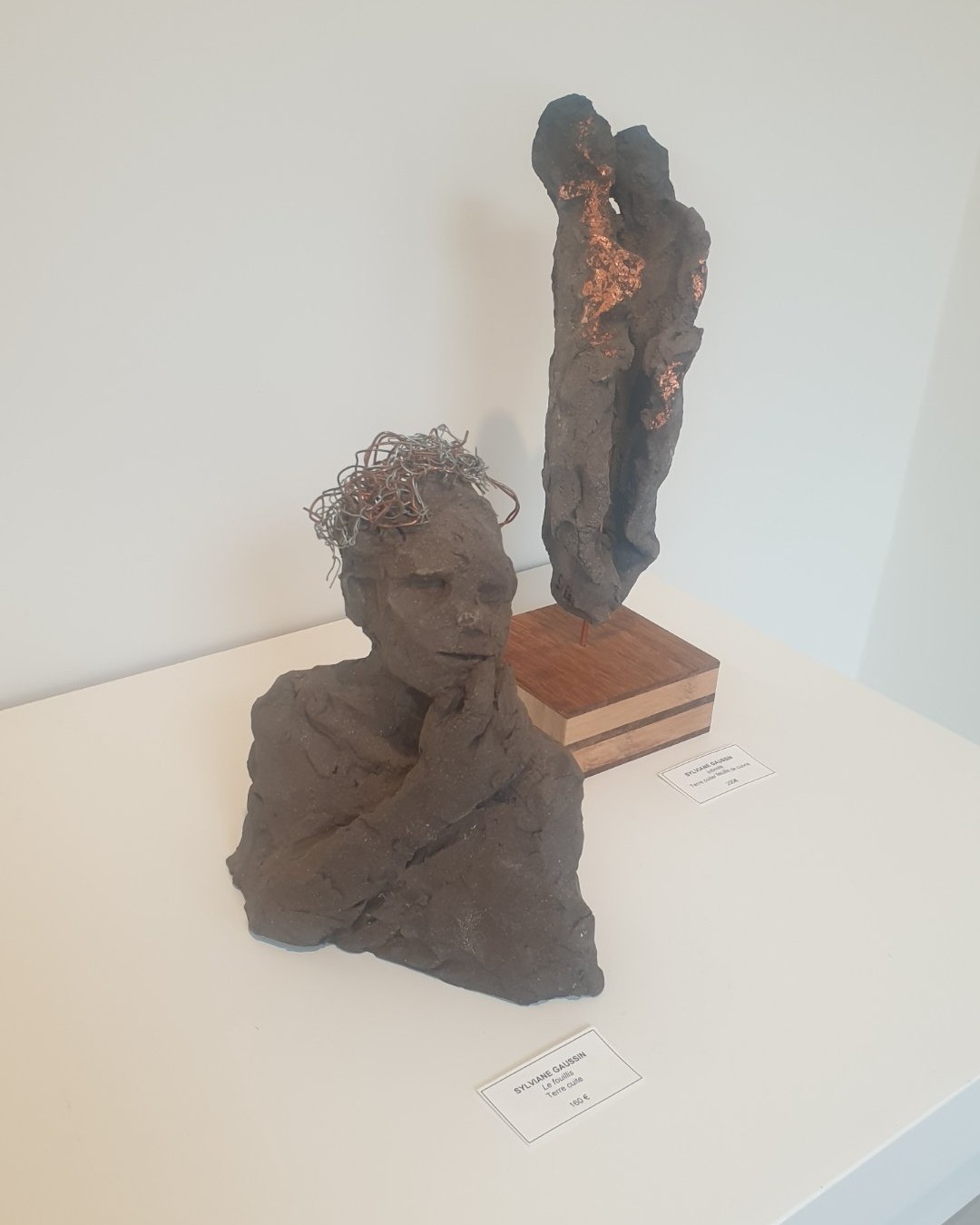 Sculpture figurative de Sylviane Gaussin représentant un personnage pensif, la main au menton, coiffé de fines boucles de fil métallique. La texture brute de la terre patinée et la posture introspective témoignent de la sensibilité de l'artiste belge pour l'expression humaine. Œuvre présentée lors de l'exposition duo peinture et sculpture avec Dalya Mesulam à la galerie Bruno Matthys Gallery (Woluwe-Saint-Pierre, Bruxelles). Reportage Jérôme Selosse.
Site officiel de l'artiste : https://www.sylviane-gaussin.be/WP2/
Galerie Bruno Matthys : https://brunomatthys.art/artist/sylviane-gaussin/
Détails de l'événement : https://dropmuse.art/evenement/sylviane-gaussin-et-dalya-mesulam-expo-peinture-et-sculpture-a-la-galerie-bruno-matthys-gallery-wolu
À découvrir aussi : https://www.instagram.com/simplydalya/

Photographie — Sylviane Gaussin et Dalya Mesulam - Expo peinture et sculpture à la galerie Bruno Matthys Gallery (Woluwe), Woluwe-Saint-Pierre