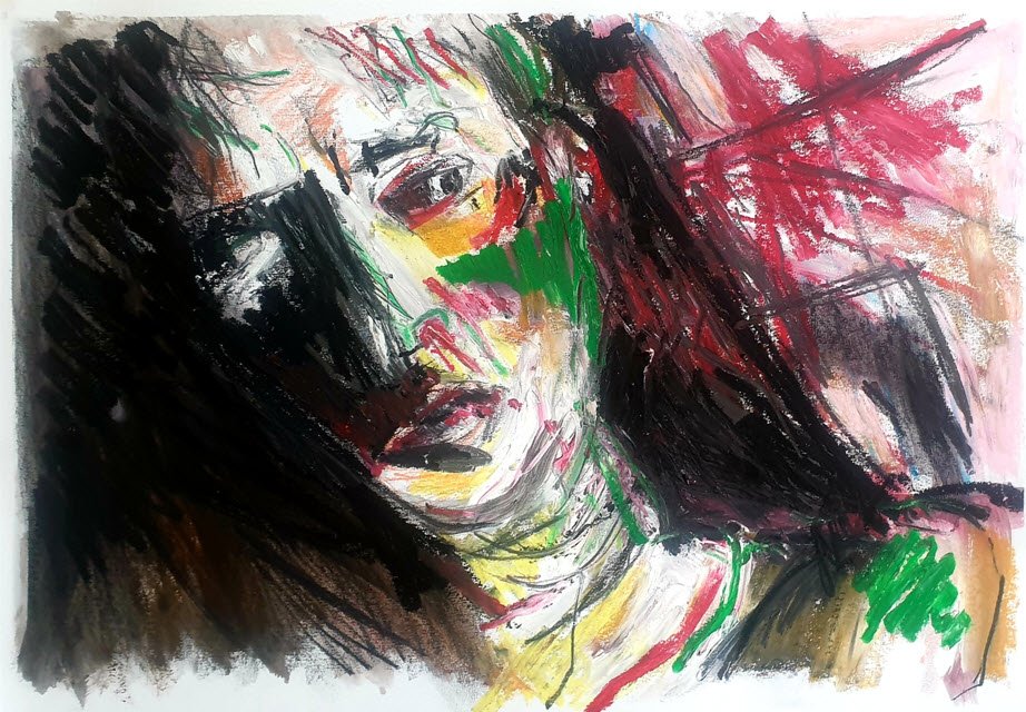 Visage dans l'ombre, pastel noir et rouge — Nietzsche vs Selosse — Jérôme Selosse