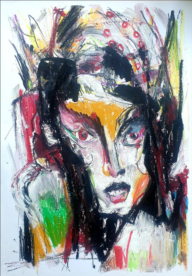 Visage de femme aux yeux rouges, pastel gras — Nietzsche vs Selosse — Jérôme Selosse