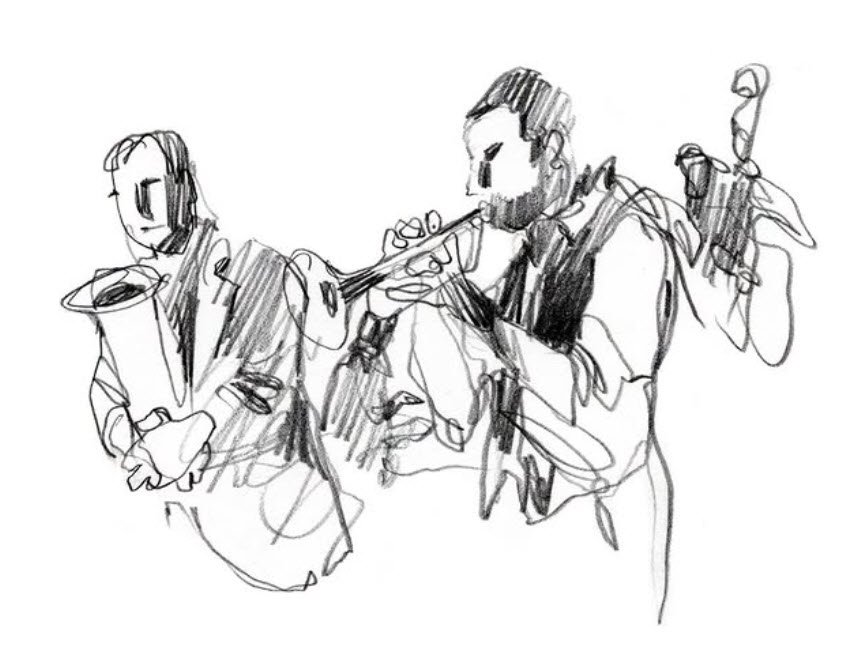 Croquis de Serge Dehaes — Concert Jazz club Brussels - Vincent Thekal Quintet : Album Release - Bruxelles, Toots Jazz Club