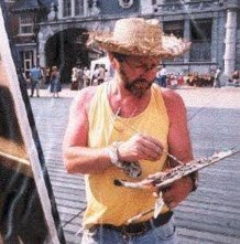 Portrait de Claude Hardenne, le peintre et sculpteur belge dans une rue passante de Bruxelles, en pleine création artistique à la grand place de Bruxelles.

Portrait de l'artiste belge, scène urbaine peinture - Claude Hardenne à Bruxelles