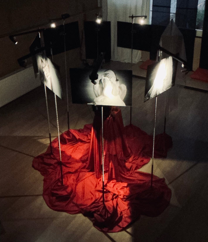 Installation artistique composée de la série Evanaissance de Frédérique Dehoux, entourés de drapés de tissu rouge vif et de projecteurs, dans un espace de galerie bruxellois.