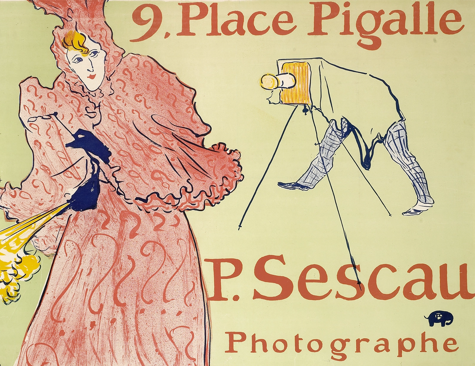 Affiche Art Nouveau vintage montrant une femme en robe rose ornée et un photographe avec son appareil photo, texte « 9 Place Pigalle » et « P. Sescau Photographe ».