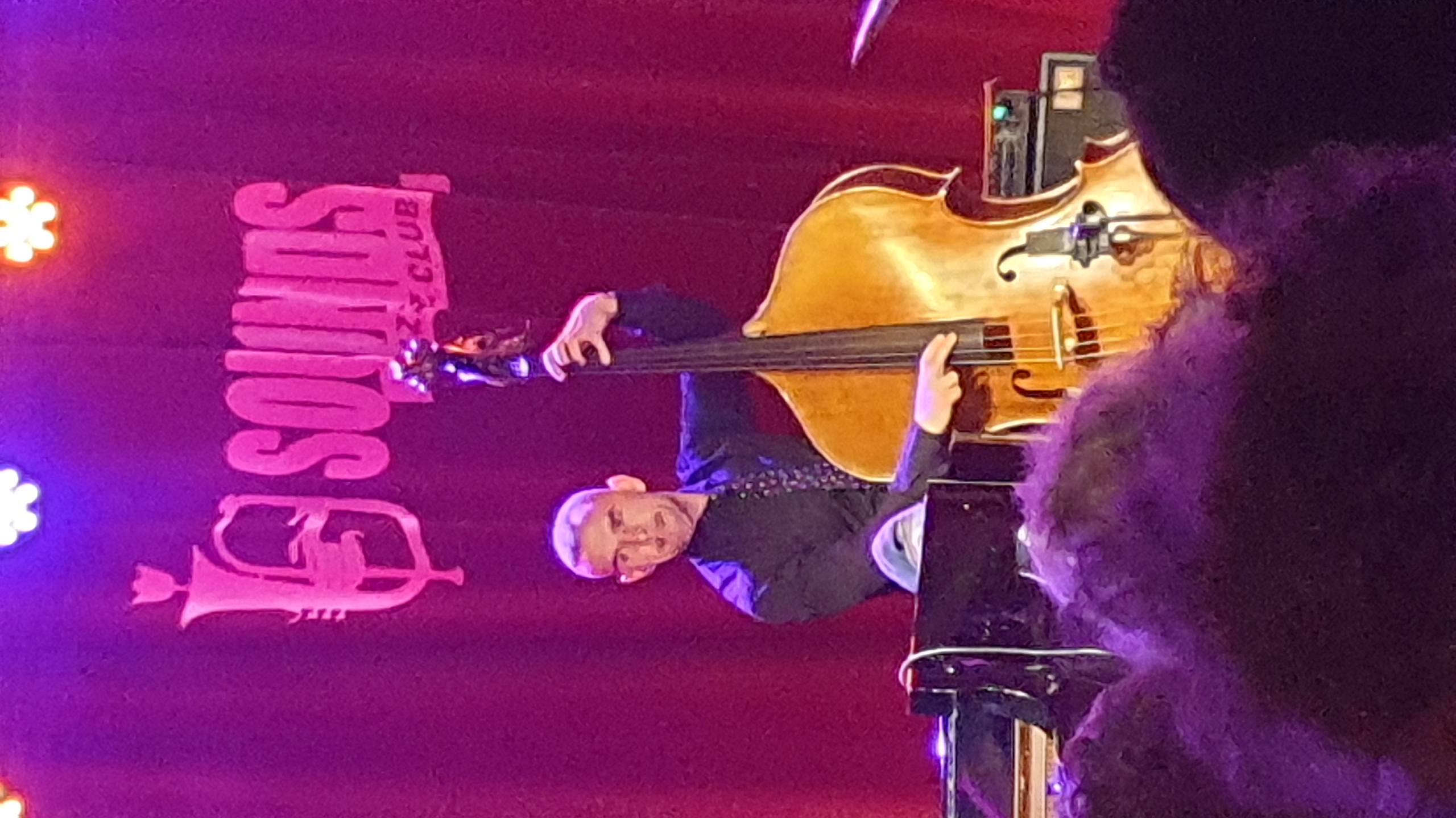 Un jazz man joue de la contrebasse sur scène illuminée en violet et rose au Brussels Jazz Club, avec des néons roses en arrière-plan et des silhouettes de spectateurs en premier plan. Dropmuse ART. Sounds jazz club.