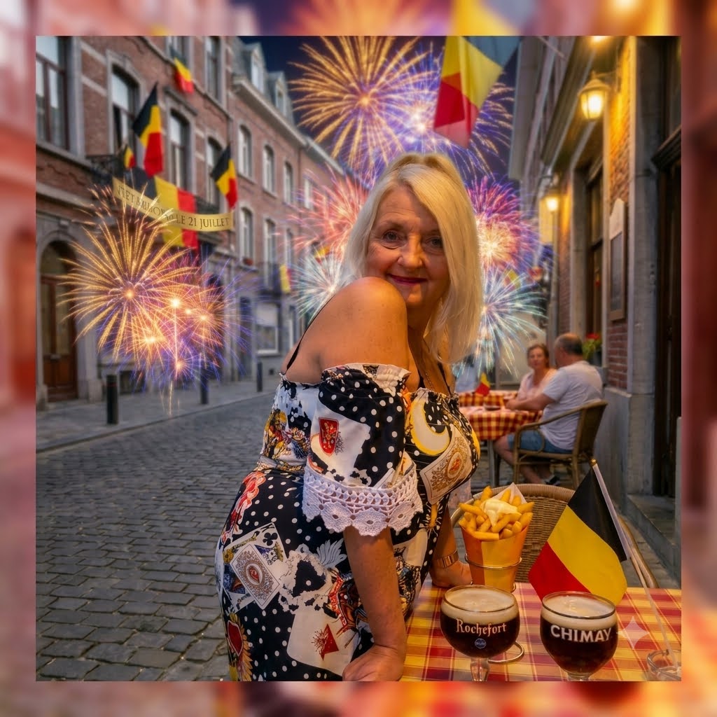 Femme blonde souriante en robe colorée assise à une terrasse bruxelloise, devant des bières Rochefort et Chimay, drapeaux belges et feux d'artifice illuminant la rue pavée derrière elle.
