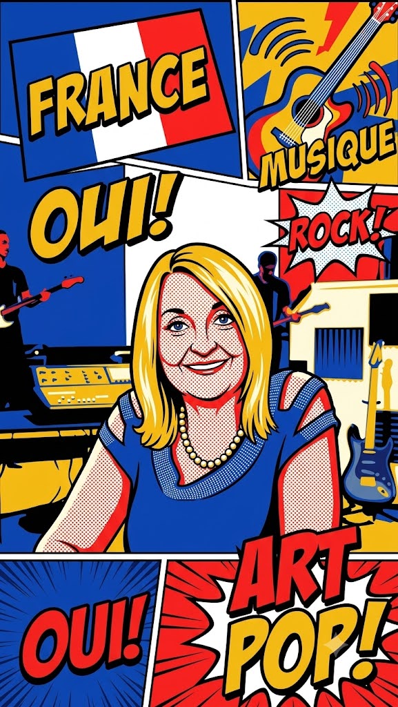 Portrait pop art Josette selosse.oeuvre numérique transformée. Style bande dessinée d'une femme aux cheveux blonds souriante, entourée de symboles musicaux et du drapeau français, avec textes « France Oui! », « Musique », « Rock! » et « Art Pop! » dans les codes visuels du pop art. Œuvre numérique de Josette Selosse.