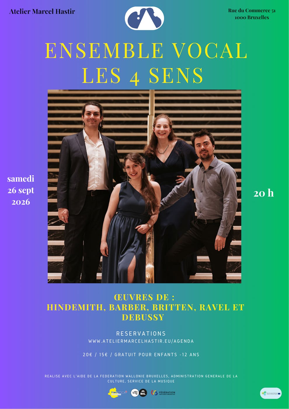 Concert Ensemble vocal Les 4 Sens (a capella)- oeuvres de Hindemith, Barber, Britten, Ravel et Debussy - Bruxelles