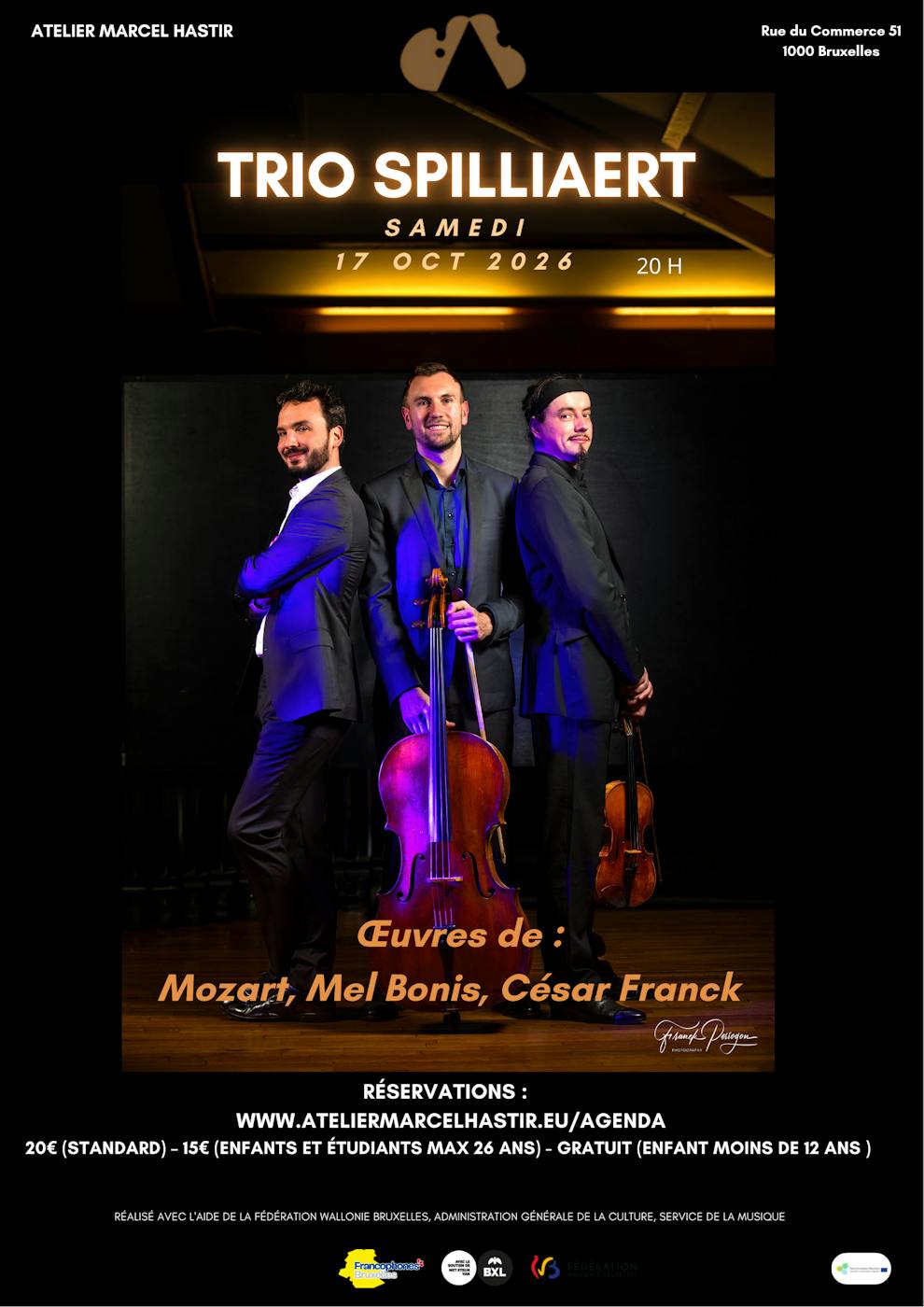 Concert Trio Spilliaert – œuvres de Mozart, Mel Bonis, César Franck à l'Atelier Marcel Hastir - Bruxelles